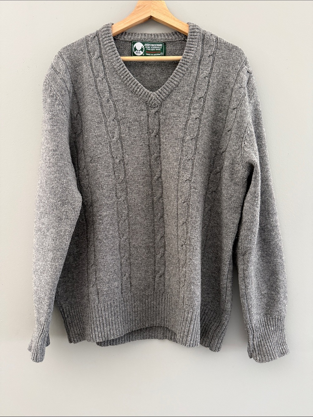 Jagdstrickware Pure Wool Grey Vintage Cableknit Sweater- L- XL
